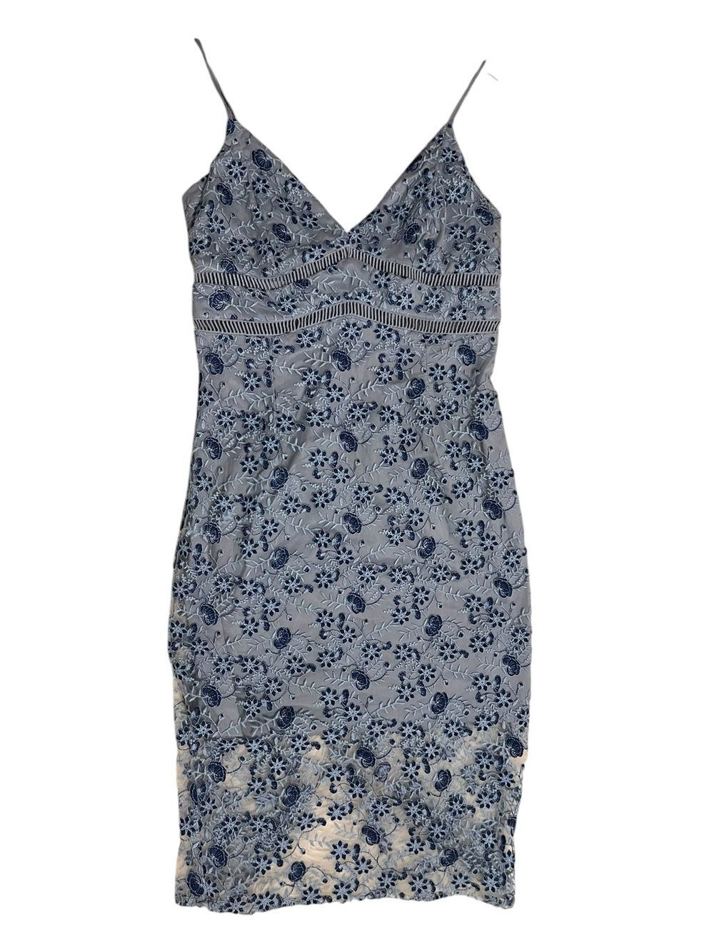 Bardot Blue Floral Gemma Lace Midi Dress V Neck Cocktail Wedding Guest Size 10